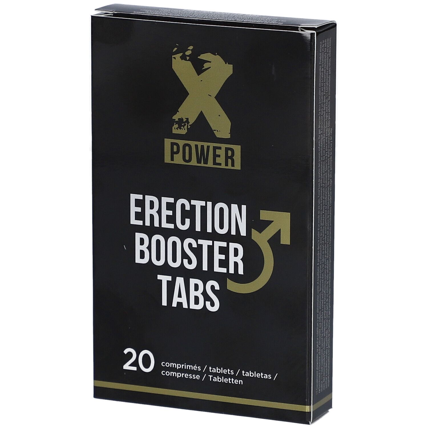 Boîte noire avec logo "X POWER" et texte "Erection Booster Tabs". Contient 20 comprimés.