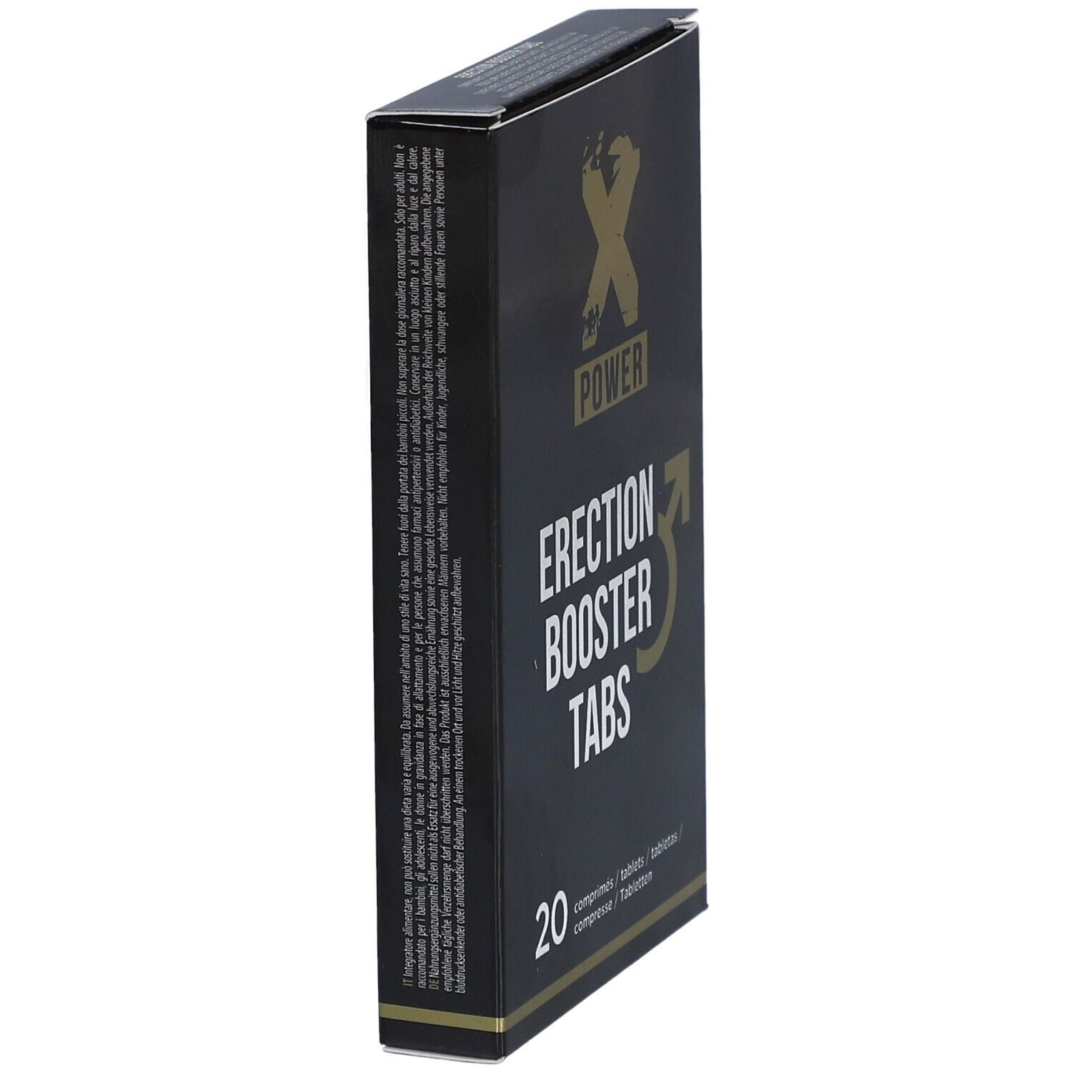 Boîte noire avec logo "X POWER" et texte "Erection Booster Tabs". Vue latérale avec texte.