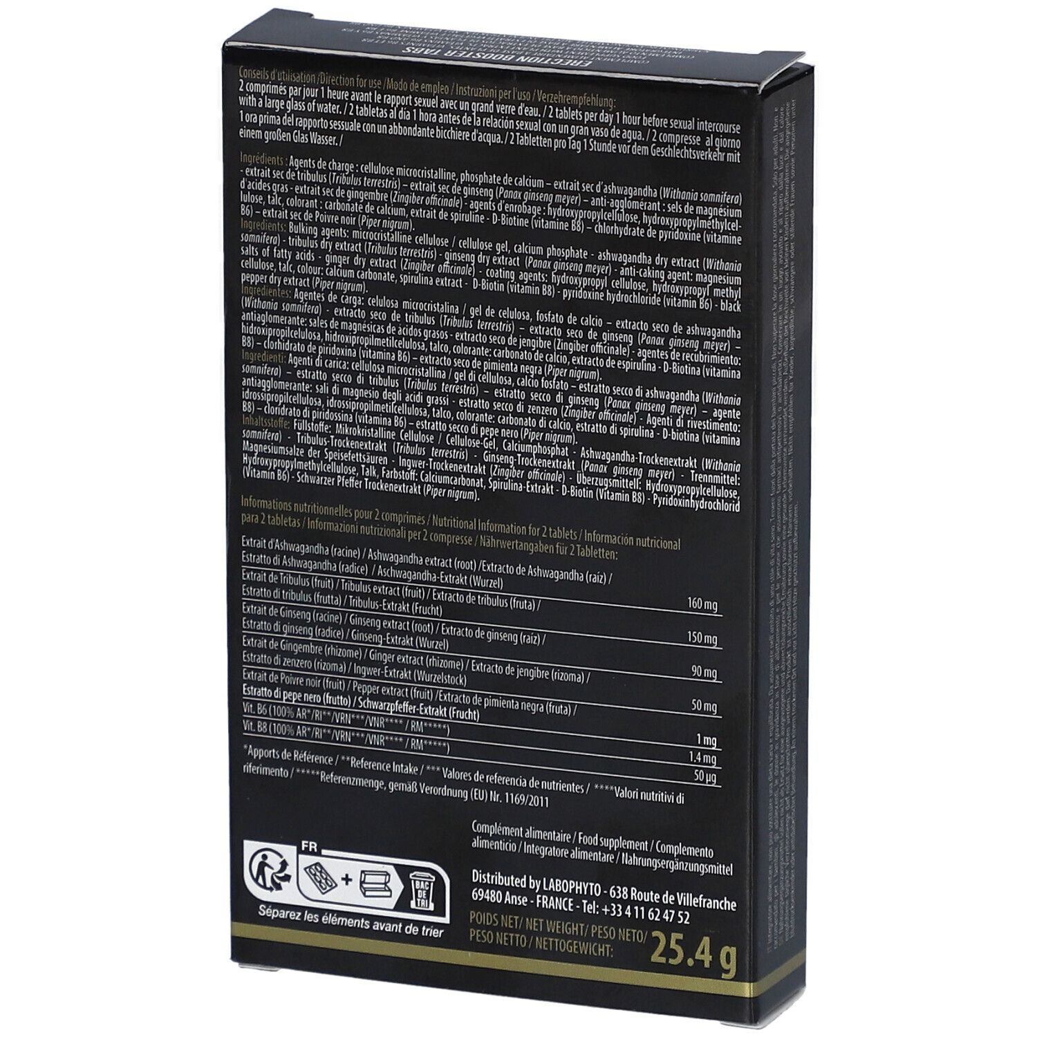 Dos d'une boîte noire avec texte et informations nutritionnelles. Contient des informations sur les ingrédients.