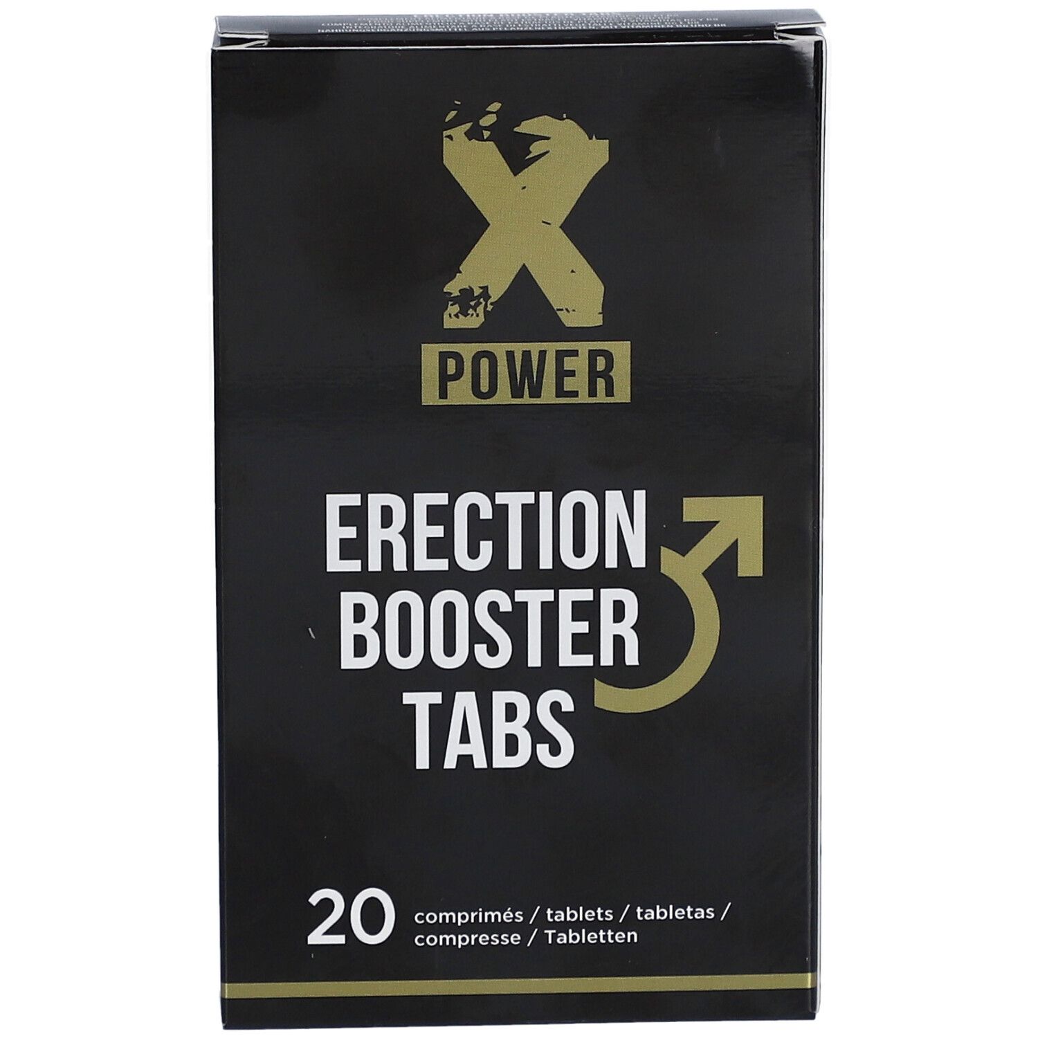 Boîte noire avec logo "X POWER" et texte "Erection Booster Tabs". Contient 20 comprimés.