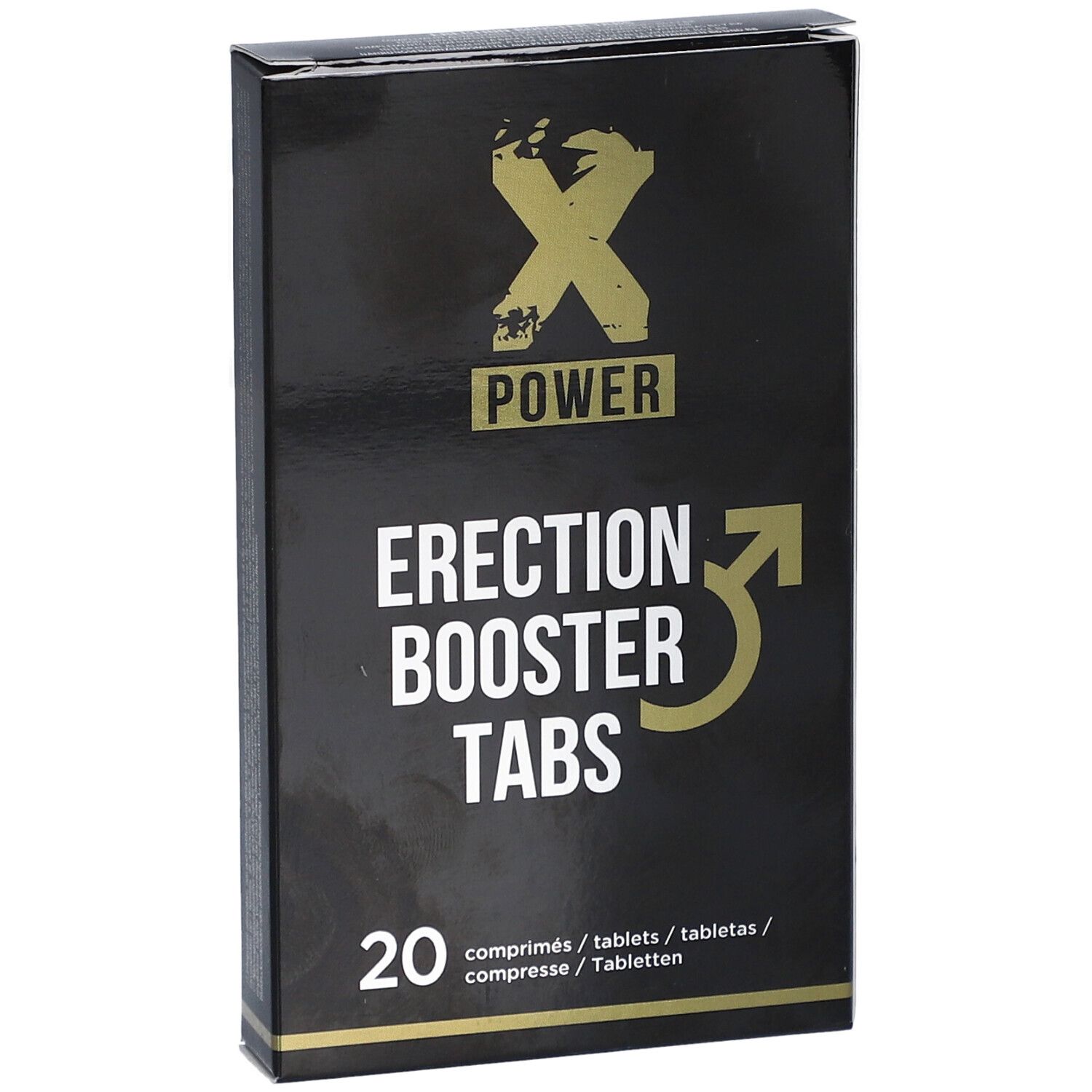 Boîte noire avec logo "X POWER" et texte "Erection Booster Tabs". Contient 20 comprimés.