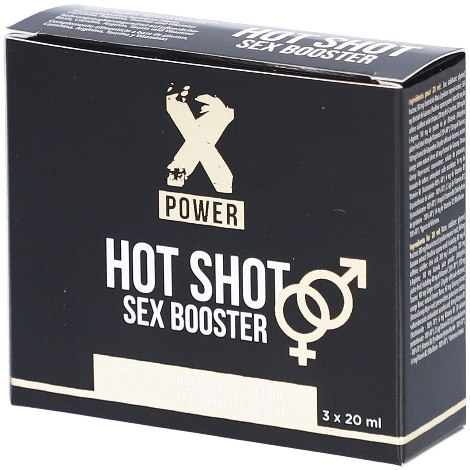 Boîte noire "HOT SHOT SEX BOOSTER". Logo XPOWER. Contient 3 flacons de 20 ml. Symbole homme/femme.