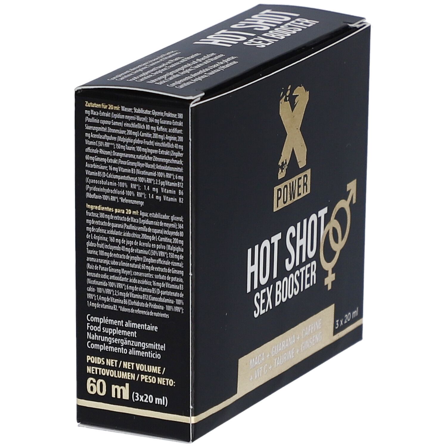 Boîte noire "HOT SHOT SEX BOOSTER". Logo XPOWER. Contient 3 flacons de 20 ml. Ingrédients et informations nutritionnelles.