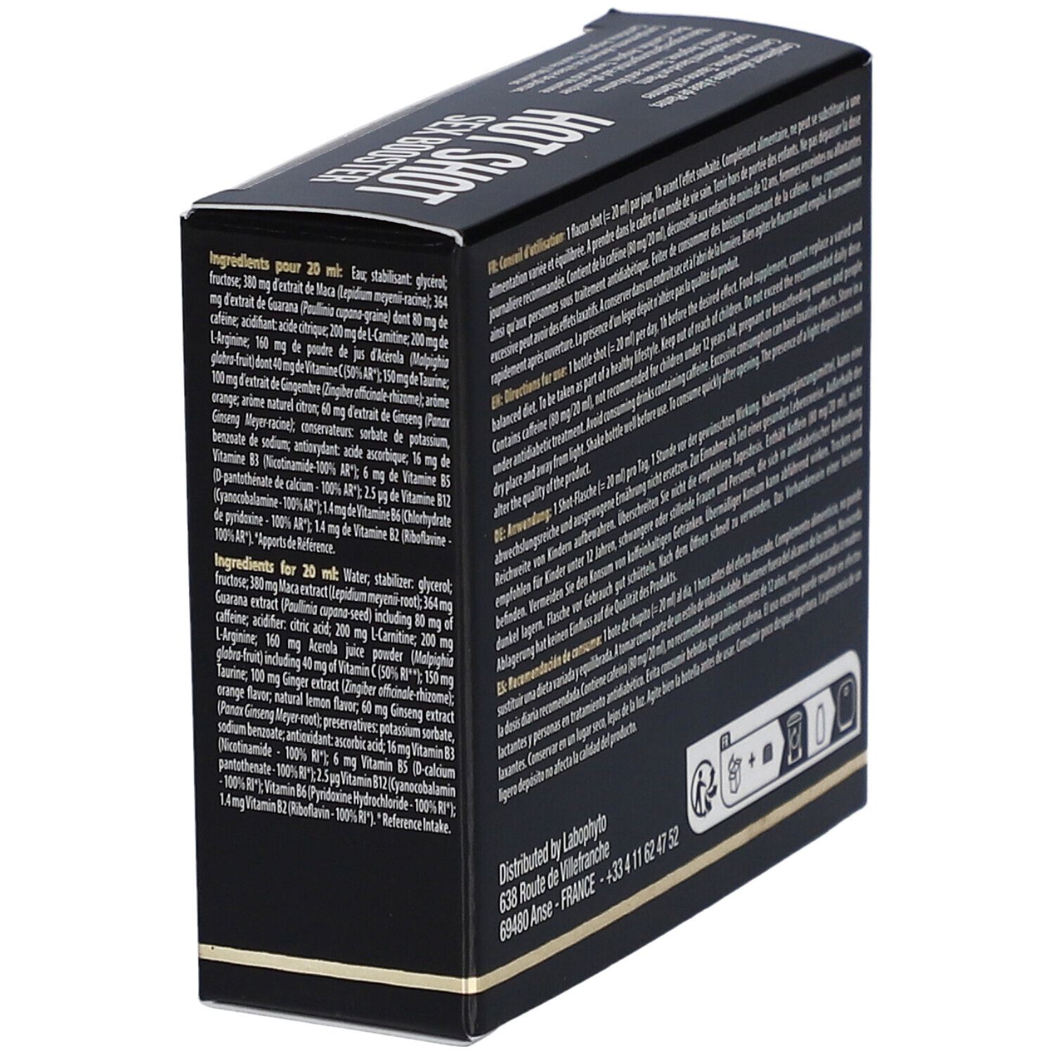 Boîte noire avec texte et ingrédients. Adresse et coordonnées du fabricant.