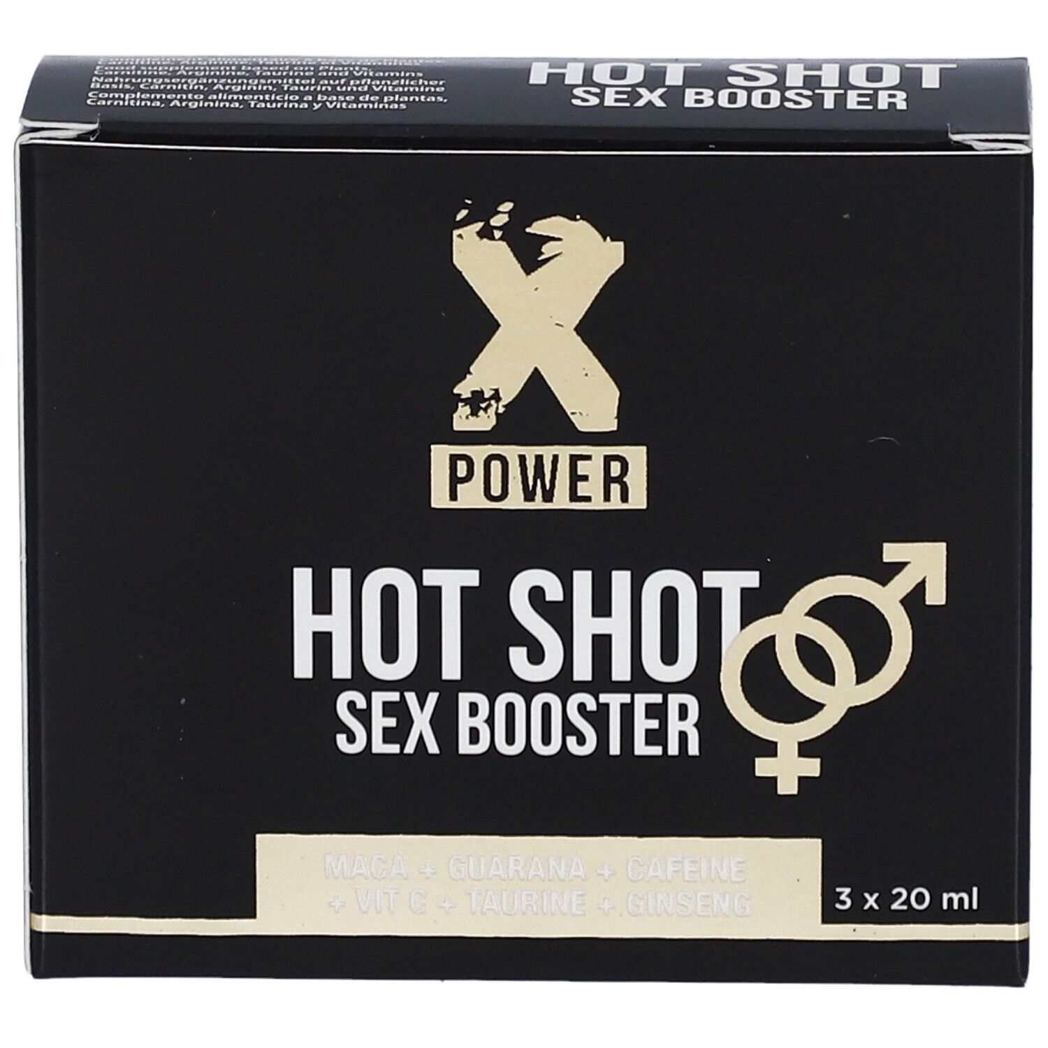 Boîte noire "HOT SHOT SEX BOOSTER". Logo XPOWER. Contient 3 flacons de 20 ml. Symbole homme/femme.