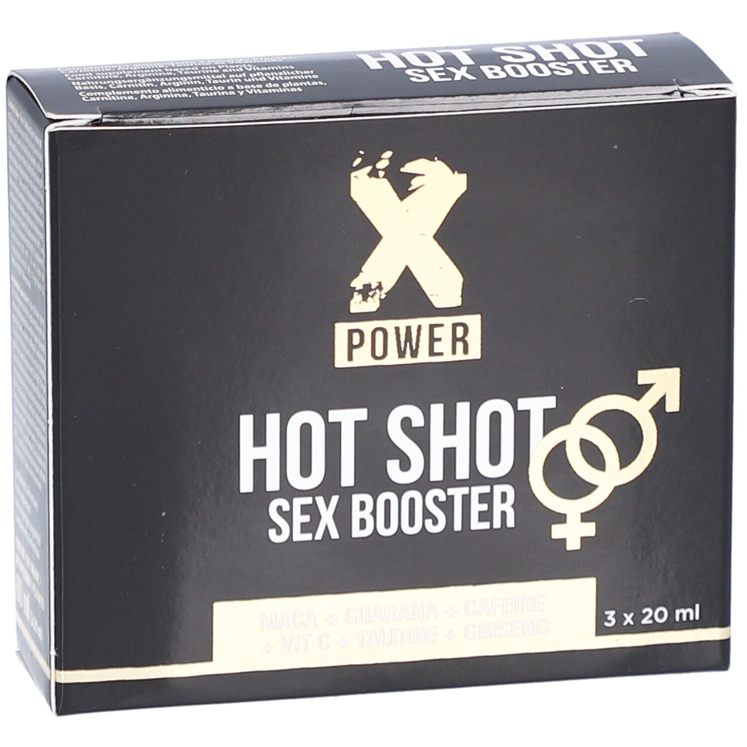 Boîte noire "HOT SHOT SEX BOOSTER". Logo XPOWER. Contient 3 flacons de 20 ml. Symbole homme/femme.