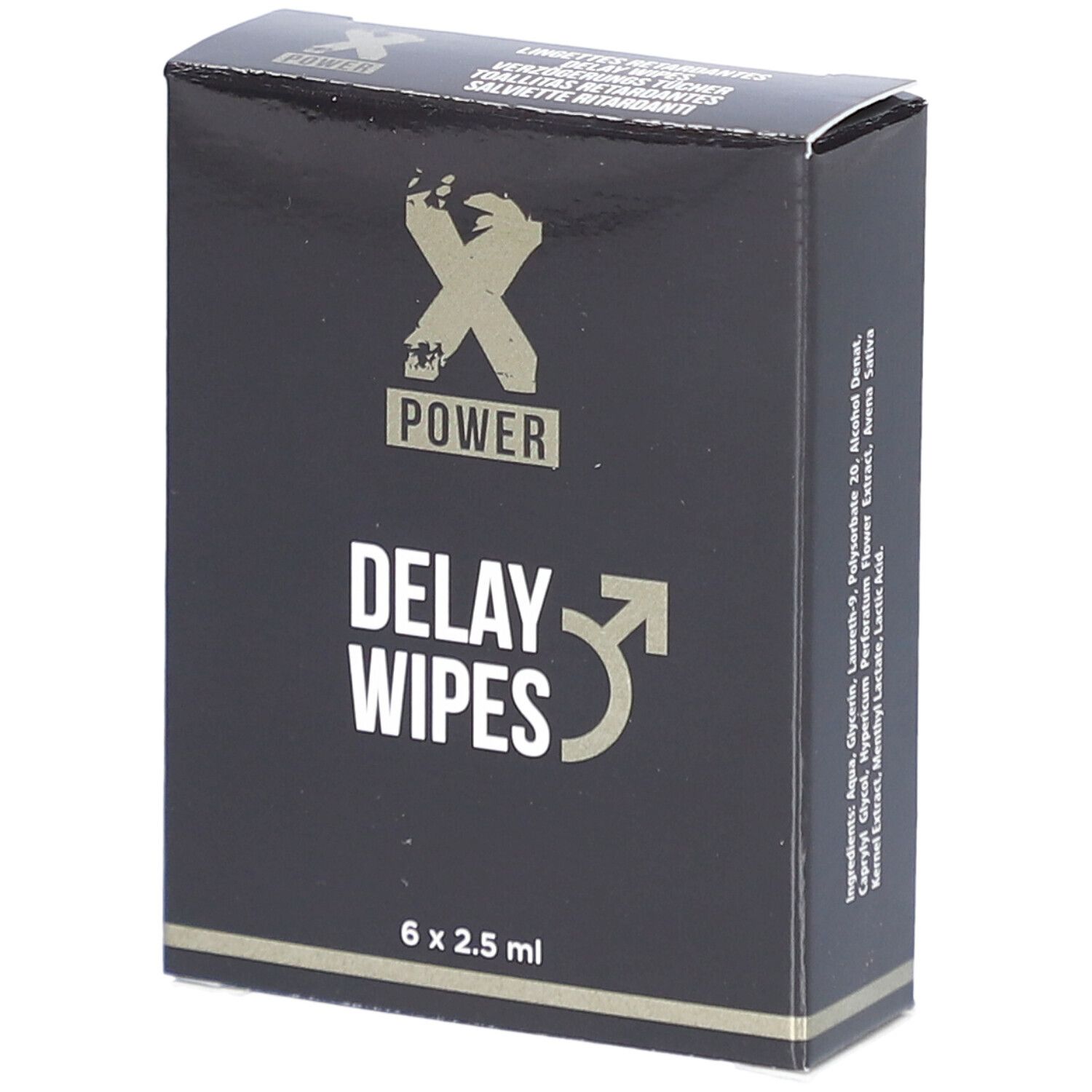 Boîte noire avec logo "X POWER" et texte "DELAY WIPES". Contient 6 lingettes.