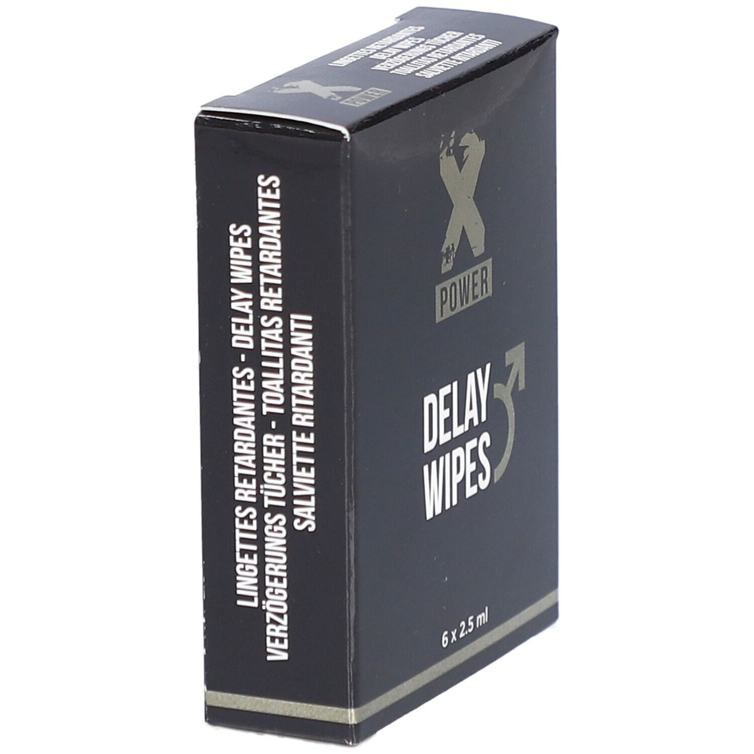 Boîte noire, logo "X POWER" et "DELAY WIPES". Texte multilingue: Lingettes retardantes.