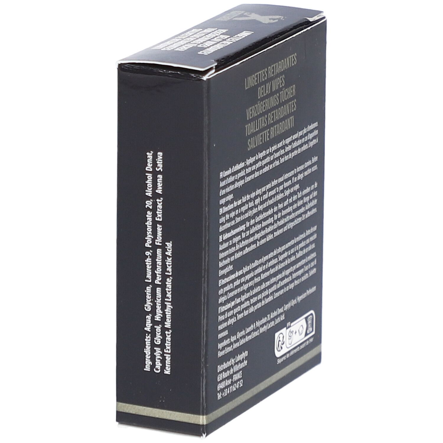 Boîte noire, texte multilingue. Contient ingrédients et informations fabricant.