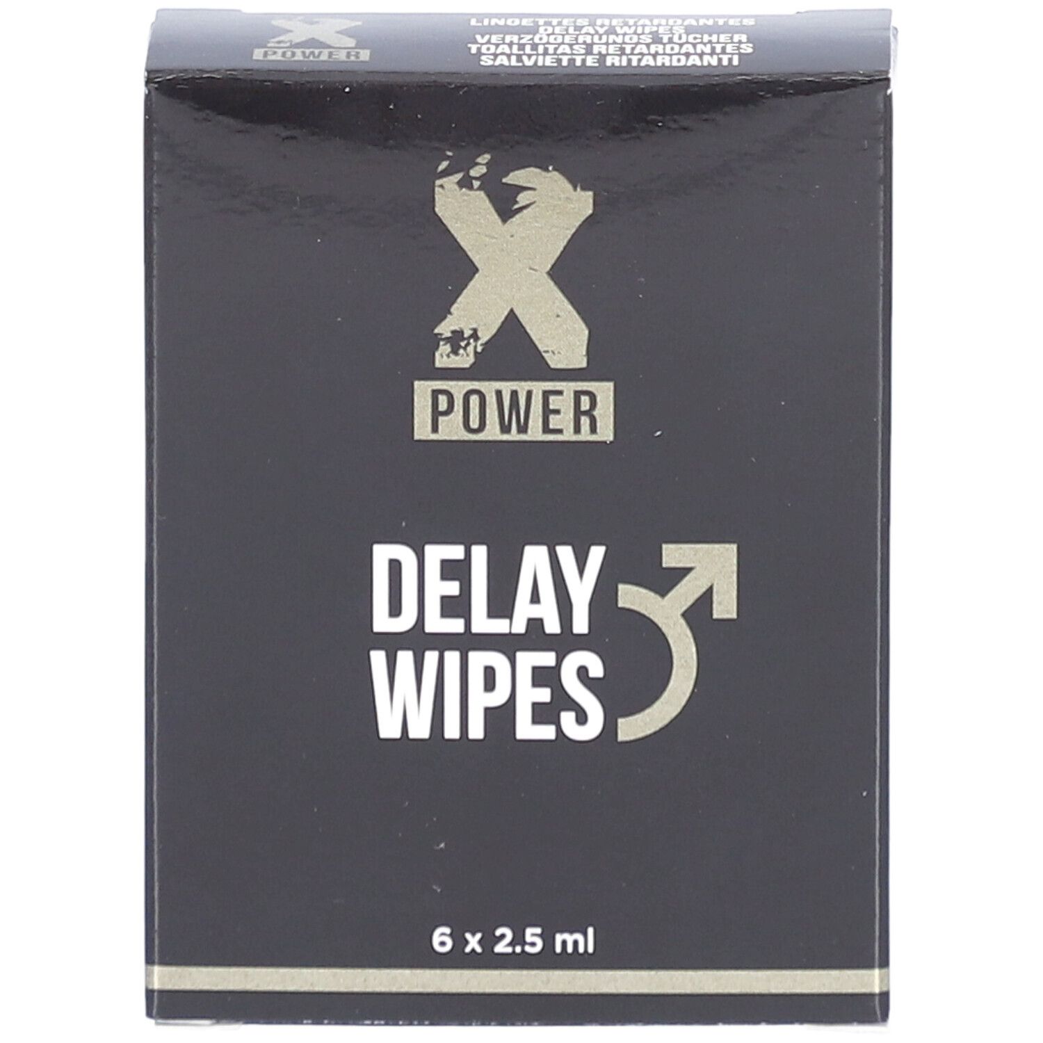 Boîte noire avec logo "X POWER" et texte "DELAY WIPES". 6 x 2,5 ml.