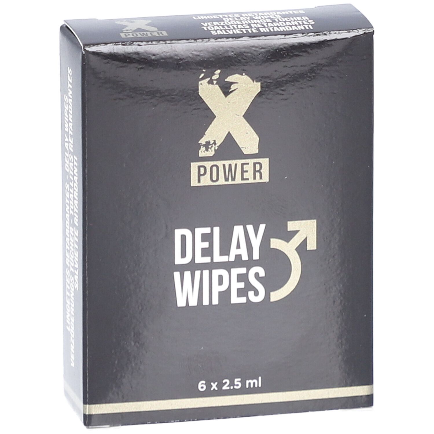 Boîte noire avec logo "X POWER" et texte "DELAY WIPES". 6 x 2,5 ml.