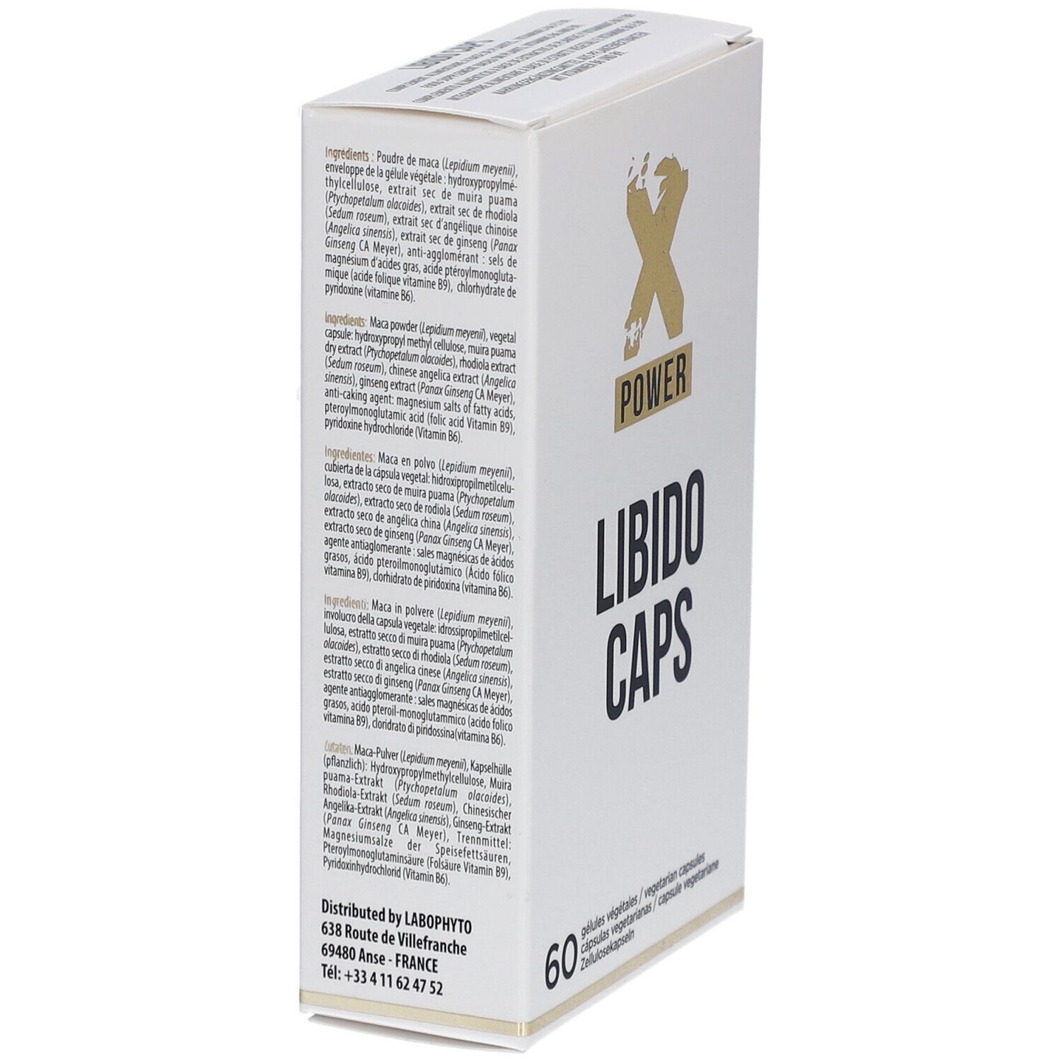 Boîte blanche avec logo "XPOWER" et texte "LIBIDO CAPS". Ingrédients au dos.