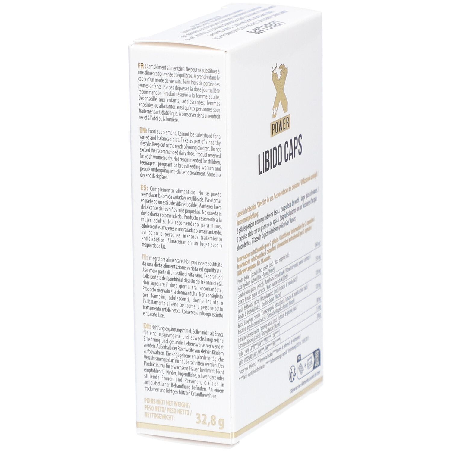 Boîte blanche avec logo "XPOWER" et texte "LIBIDO CAPS". Informations nutritionnelles au dos.