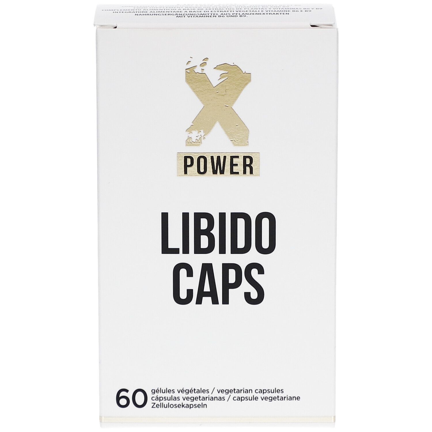 Boîte blanche avec logo "XPOWER" et texte "LIBIDO CAPS". Contient 60 gélules.