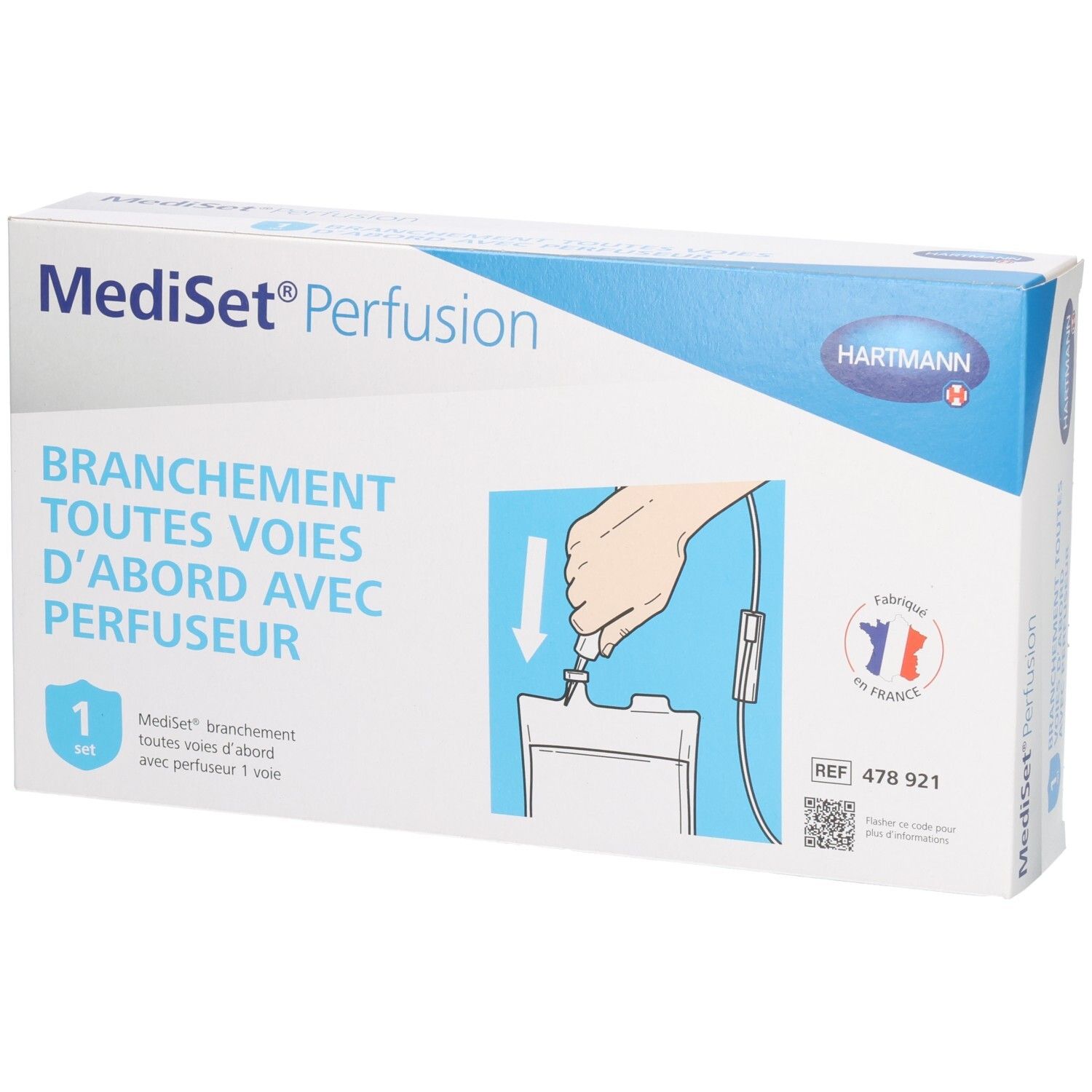 Boîte Mediset Perfusion. Inscription: Branchement toutes voies d'abord avec perfuseur. Logo Hartmann. Fabriqué en France.