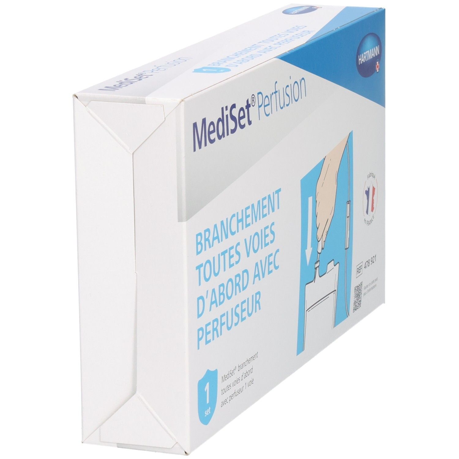 Boîte Mediset Perfusion en biais. Inscription: Branchement toutes voies d'abord avec perfuseur. Logo Hartmann. Blanc et bleu.
