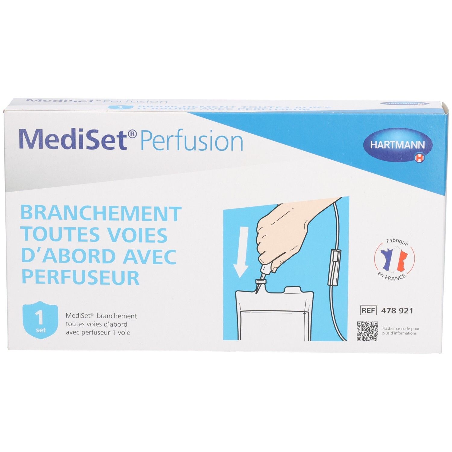 Boîte Mediset Perfusion. Inscription: Branchement toutes voies d'abord avec perfuseur. Logo Hartmann. Fabriqué en France.