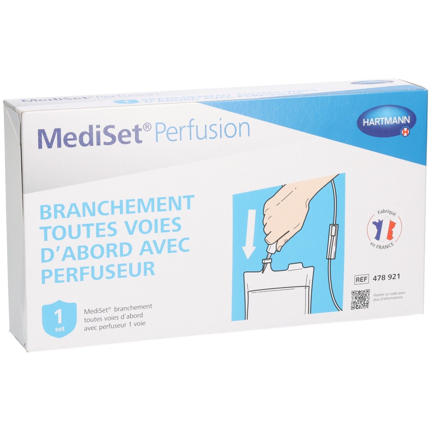 Boîte Mediset Perfusion. Inscription: Branchement toutes voies d'abord avec perfuseur. Logo Hartmann. Fabriqué en France.