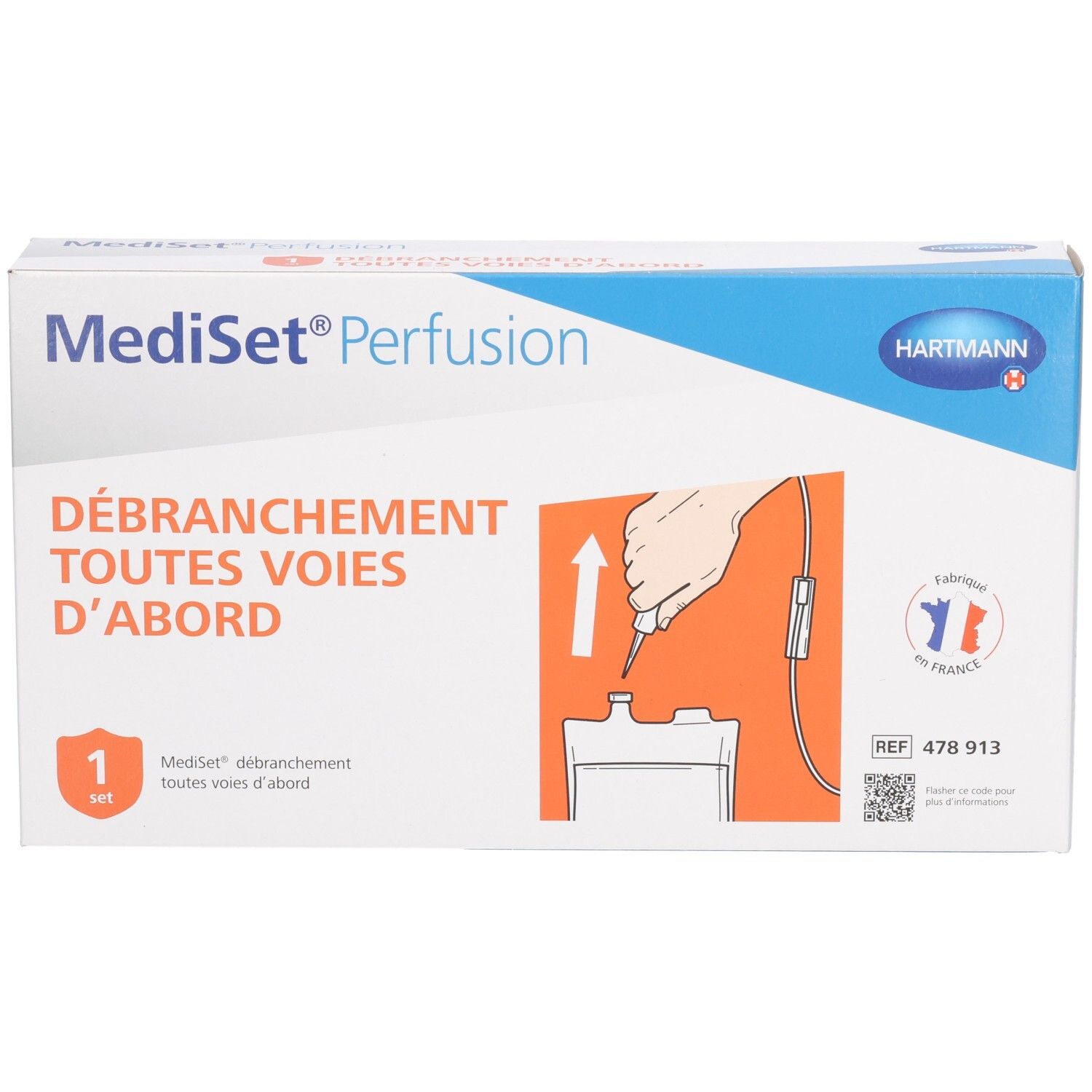 Boîte Mediset Perfusion. Inscription: Débranchement toutes voies d'abord. Contient 1 set. Logo Hartmann.