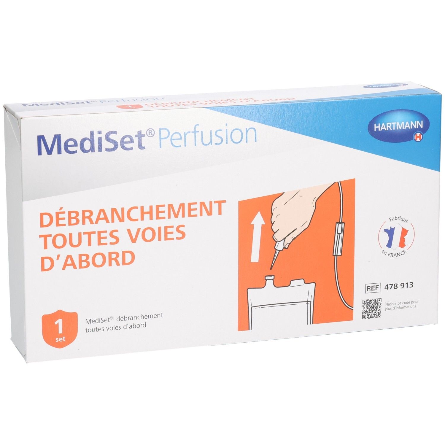 Boîte Mediset Perfusion. Inscription: Débranchement toutes voies d'abord. Contient 1 set. Logo Hartmann.