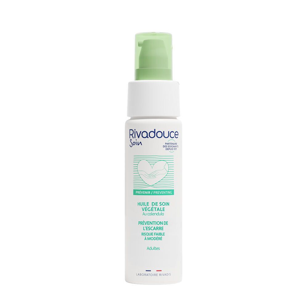 Flacon blanc avec vaporisateur vert. Inscription: Rivadouce Soin, Huile de soin végétale, prévention escarre. Pour adultes.