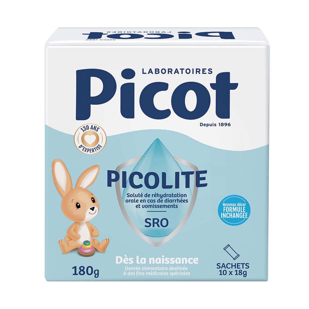 Boîte blanche et bleue Picot. Contient Picollite SRO. Illustration d'un lapin. 10 sachets de 18g.