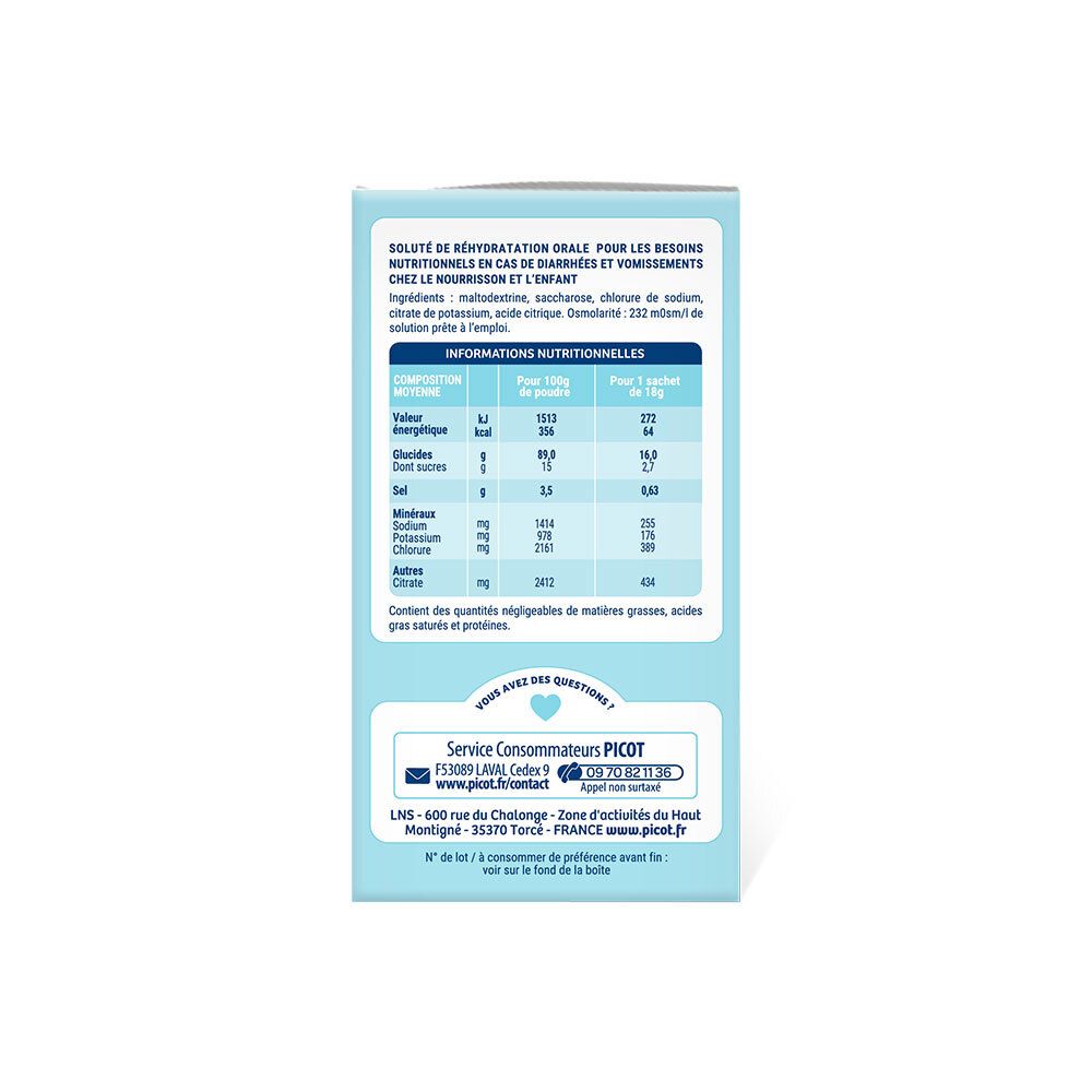 Dos de la boîte Picot avec informations nutritionnelles. Texte bleu et blanc sur fond bleu clair.