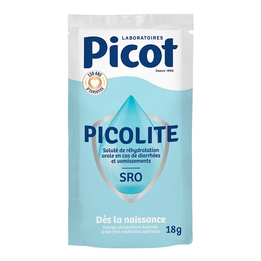 Sachet individuel Picollite SRO. Design bleu et blanc avec logo et informations produit. 18g.