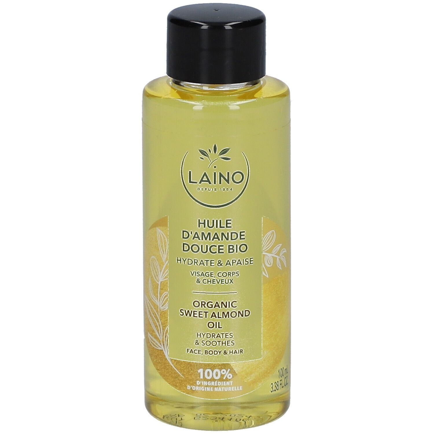 Flacon en verre transparent avec bouchon noir. Étiquette avec texte LAINO, HUILE D'AMANDE DOUCE BIO. Pour visage, corps et cheveux.