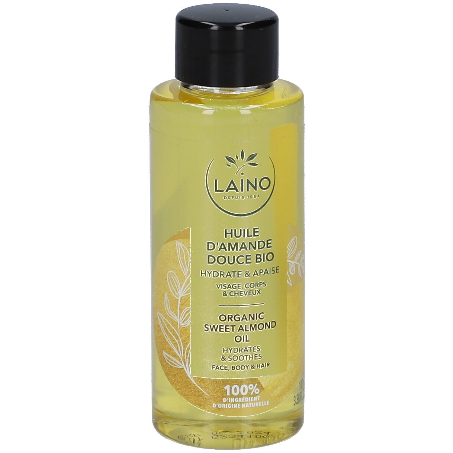 Flacon en verre transparent avec bouchon noir. Étiquette avec texte LAINO, HUILE D'AMANDE DOUCE BIO. Pour visage, corps et cheveux.