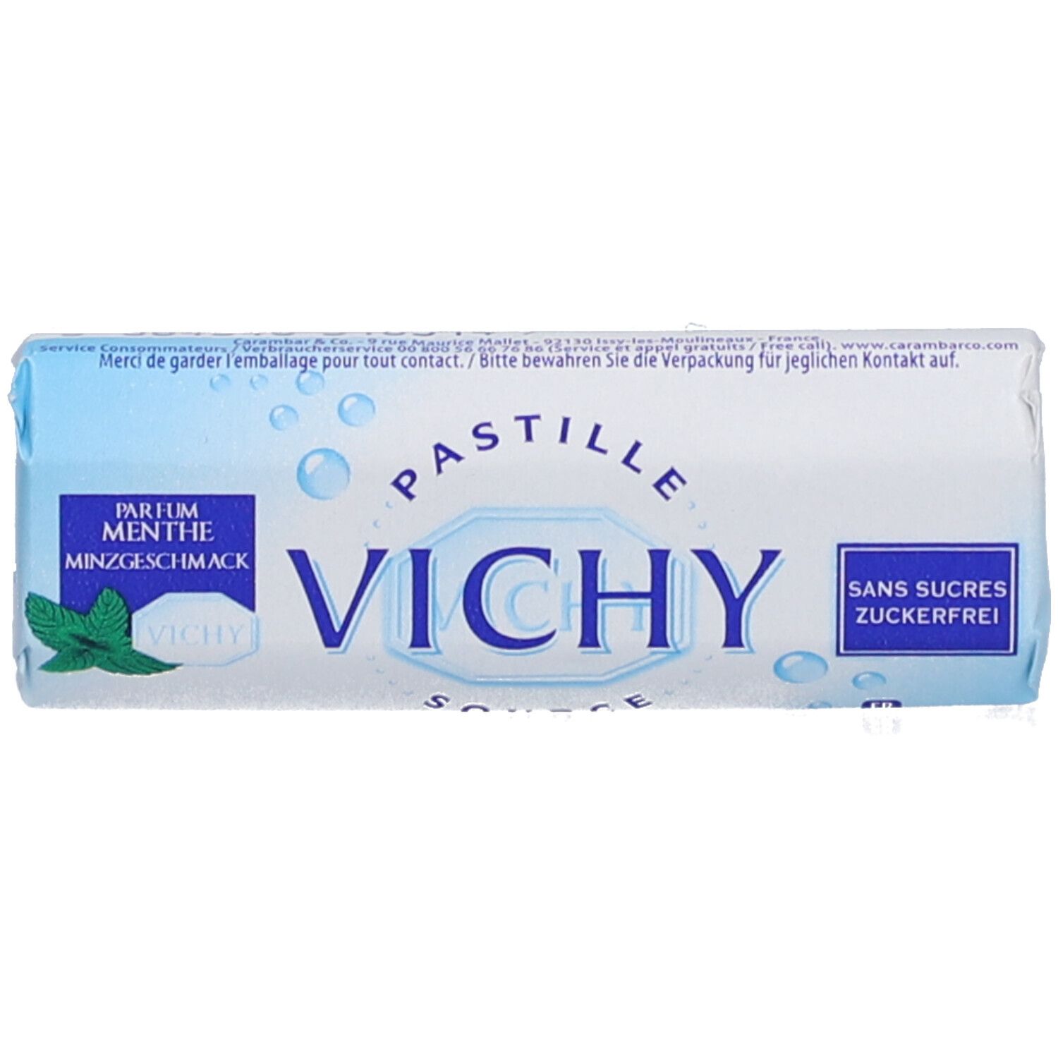 Emballage bleu et blanc avec logo "Pastille Vichy". Texte : "Parfum Menthe", "Sans Sucres". Graphique de feuille de menthe.