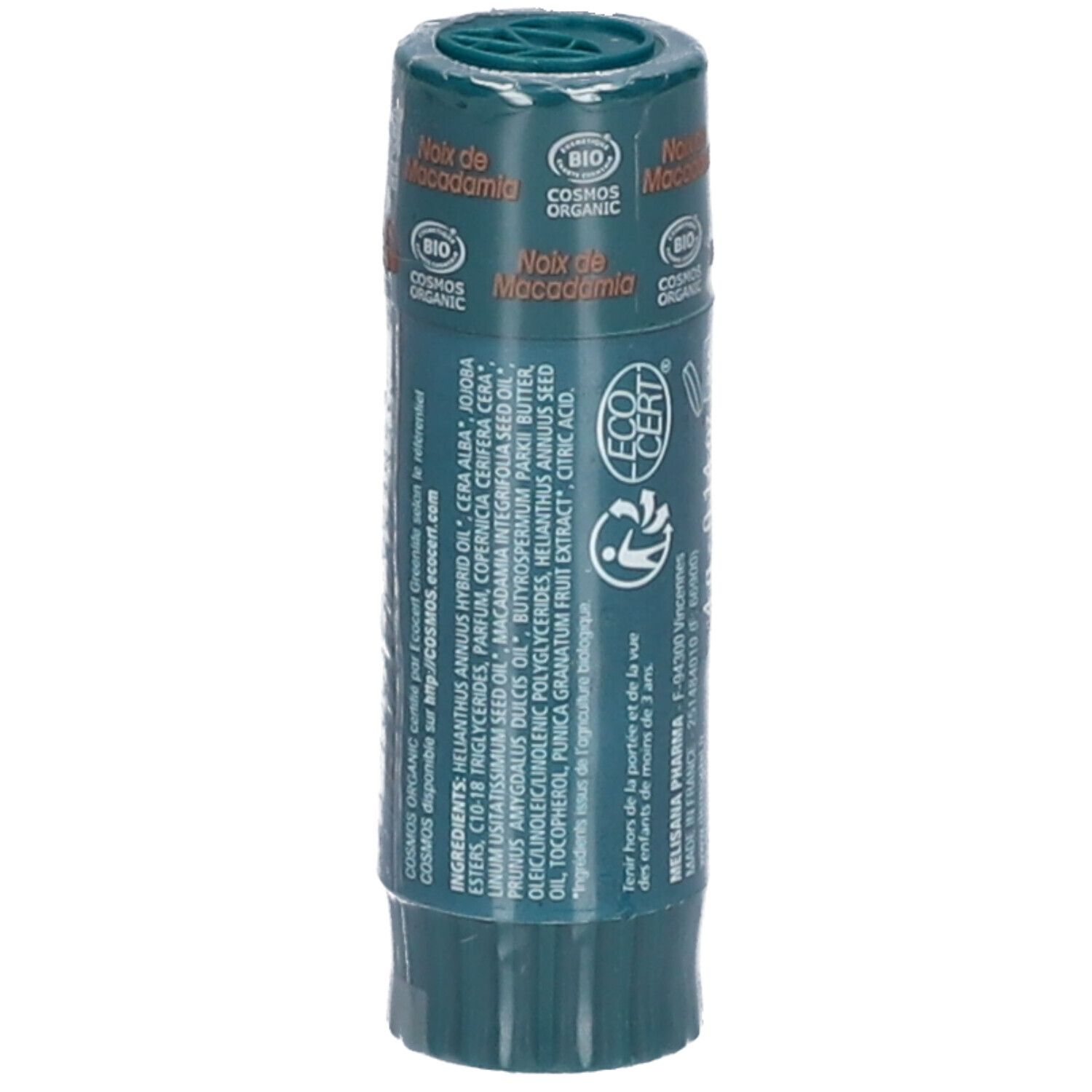 Stick lèvres Noix de Macadamia. Emballage vert. Ingrédients et certification ECO CERT.