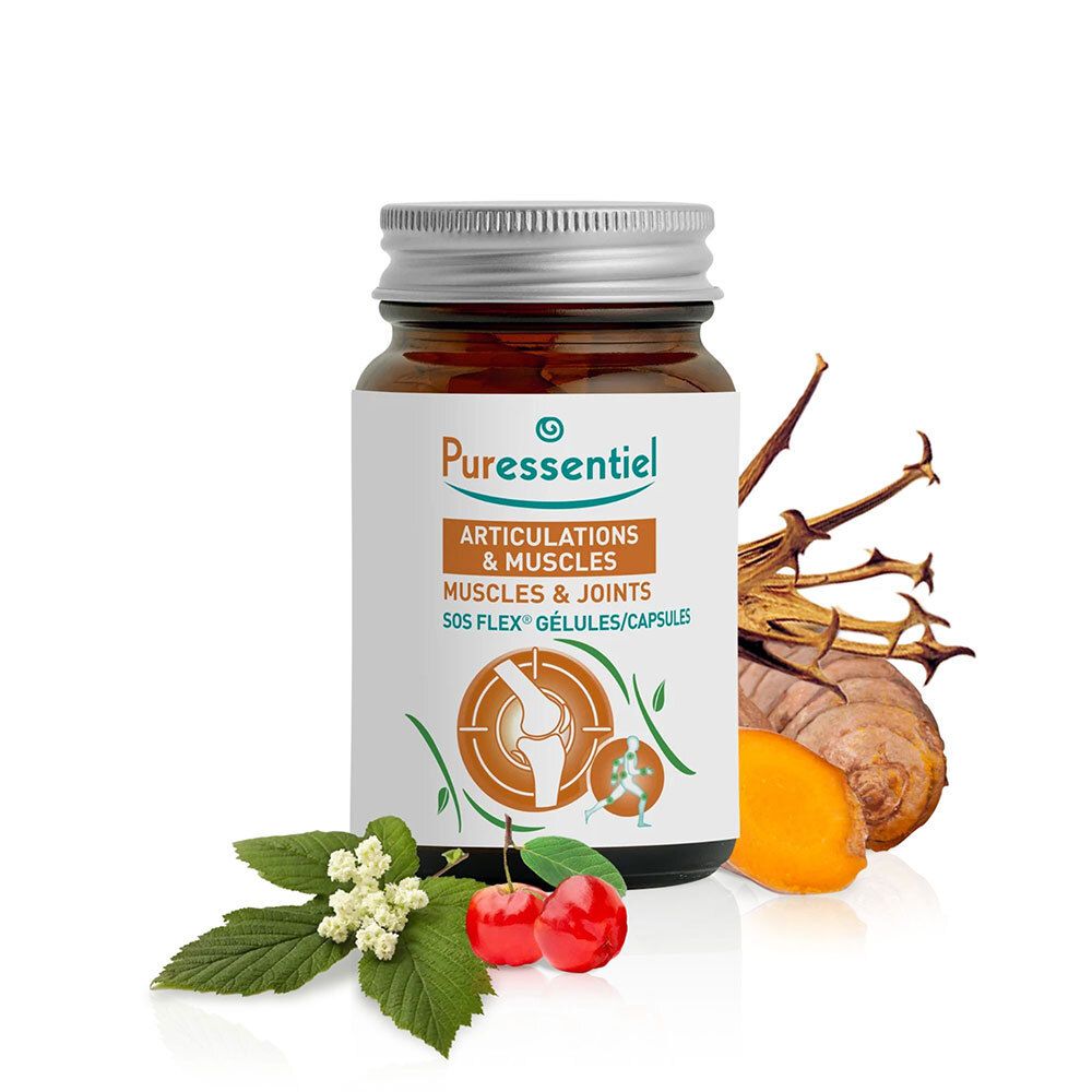 Flacon en verre brun avec nom du produit. Herbes et cerises à côté. Articulations & Muscles SOS FLEX® Gélules.