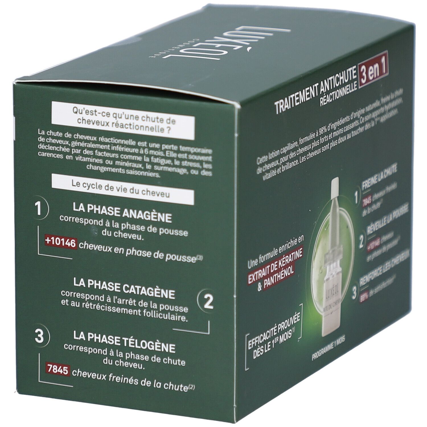 Boîte LUXÉOL avec informations sur le cycle de vie du cheveu. Contient 14 flacons. Vue en angle.