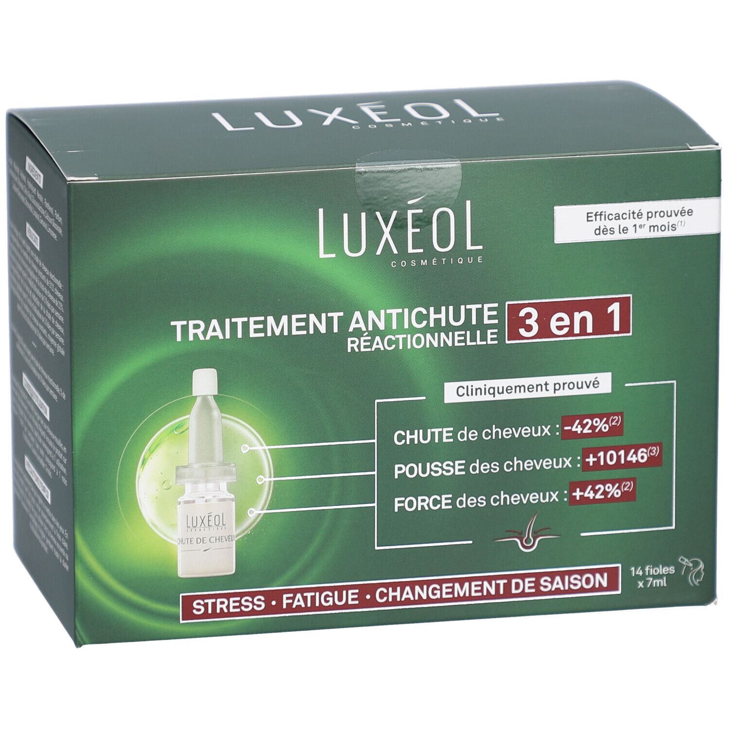 Boîte noire LUXÉOL. Inscription: Chute de Cheveux Réactionnelle, 2 en 1. Contient 14 flacons.
