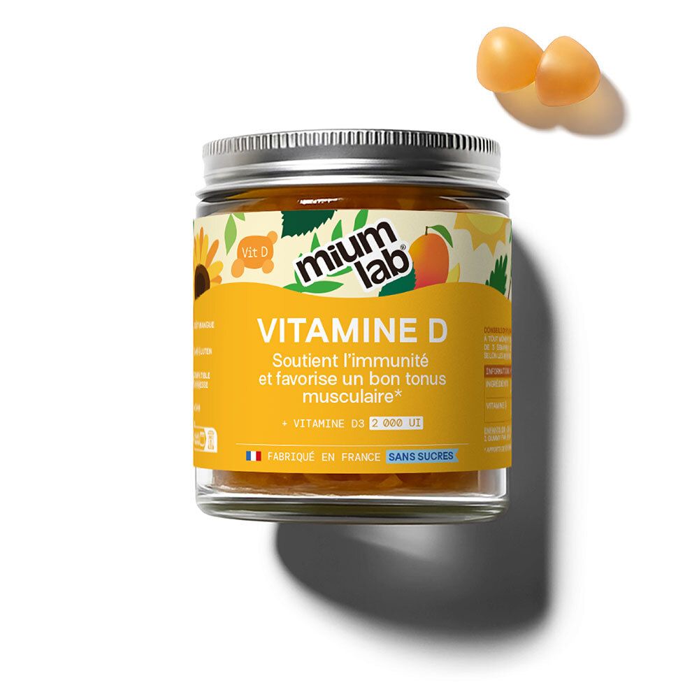 Pot de gummies à la vitamine D. Inscription : Vitamine D, sans sucres. 42 gummies. Couvercle en métal.