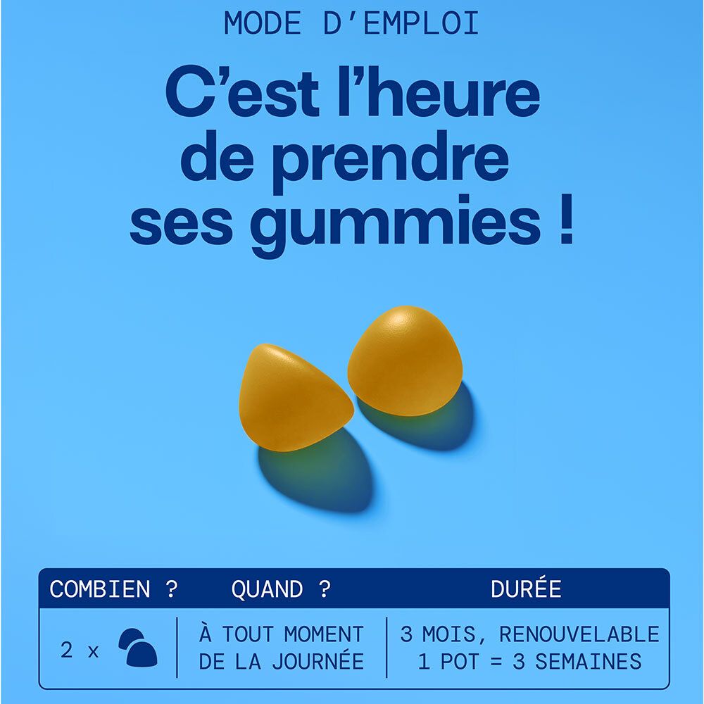 Fond jaune avec texte : Informations nutritionnelles. 2 gummies par jour. Vitamine D : 50µg (2000UI**), VNR : 1000%.