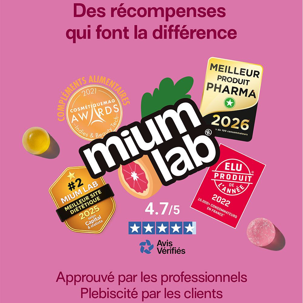 Deux pots de gummies à la vitamine D. Inscription : Vitamine D, sans sucres. Six icônes : Fabriqué en France, sans sucres, actifs concentrés, etc.