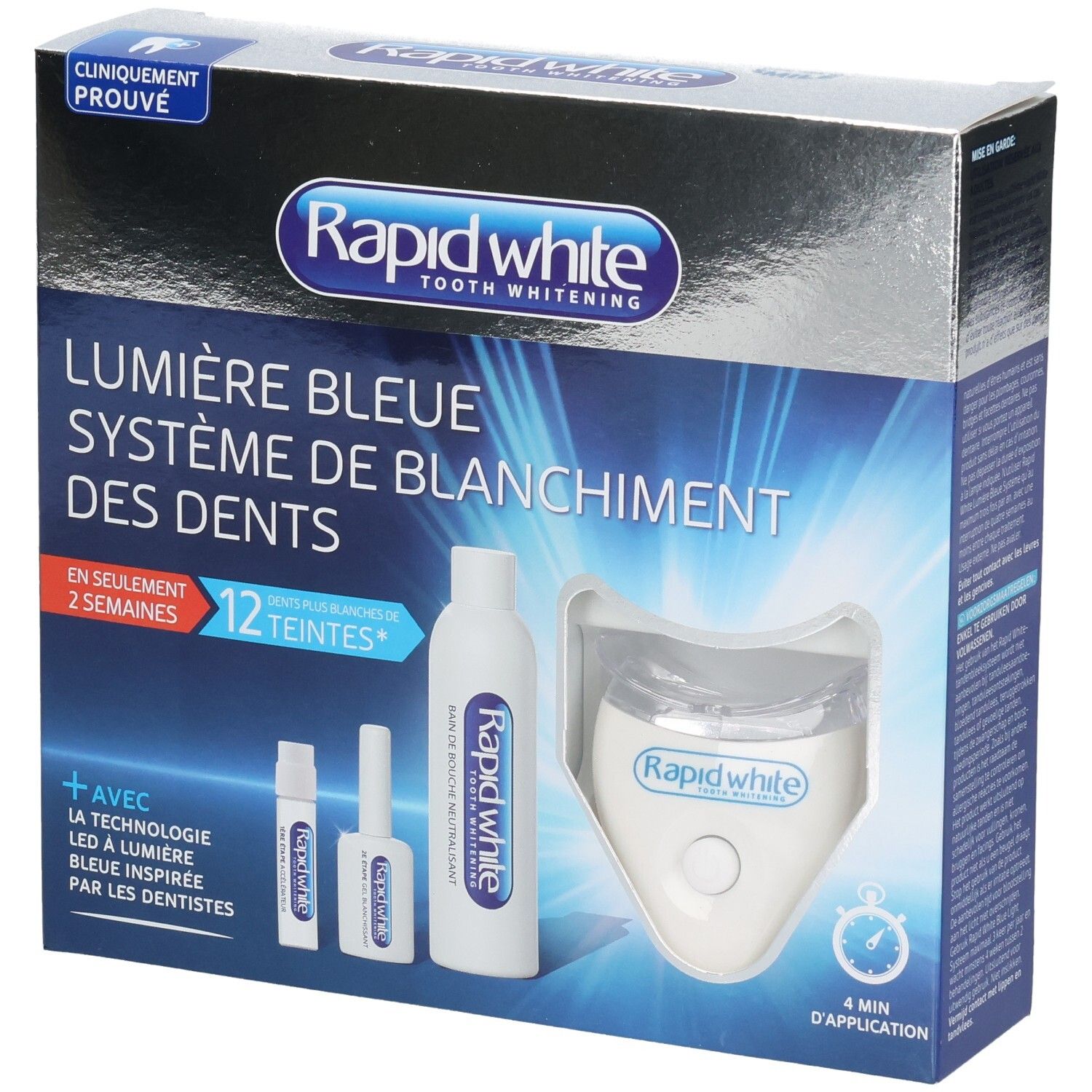 Kit de blanchiment dentaire Rapid White avec technologie lumière bleue LED, incluant un embout buccal et des gels.