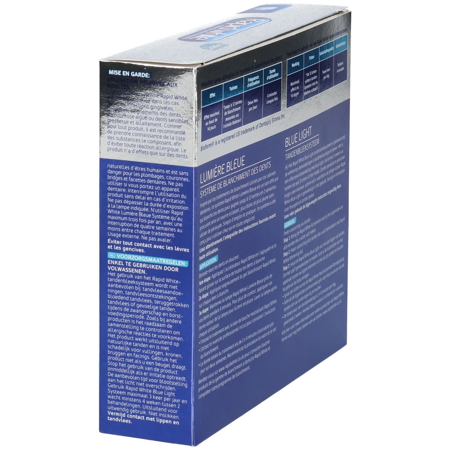 Vue latérale de la boîte de blanchiment dentaire Rapid White avec avertissements et instructions d'utilisation.