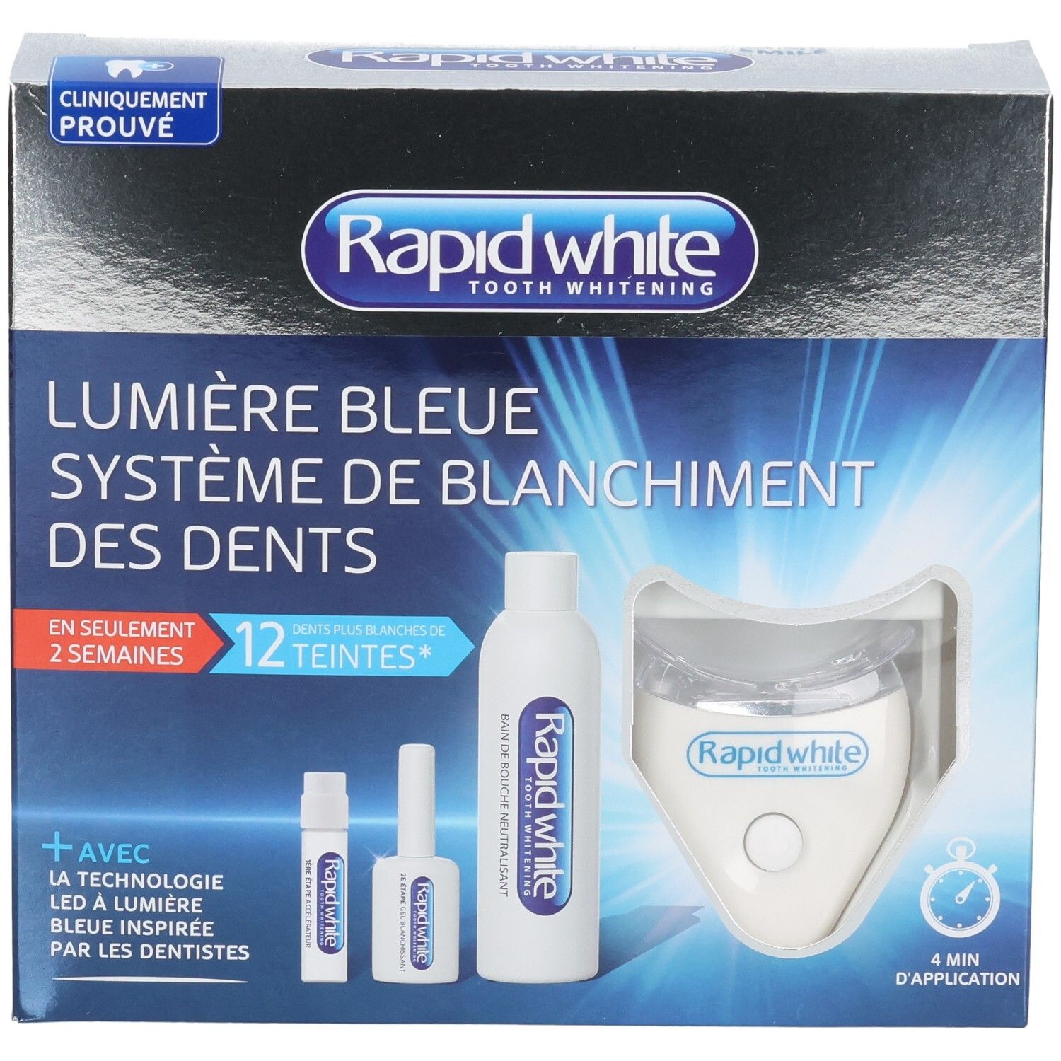 Kit de blanchiment dentaire Rapid White avec technologie lumière bleue LED, incluant un embout buccal et des gels.