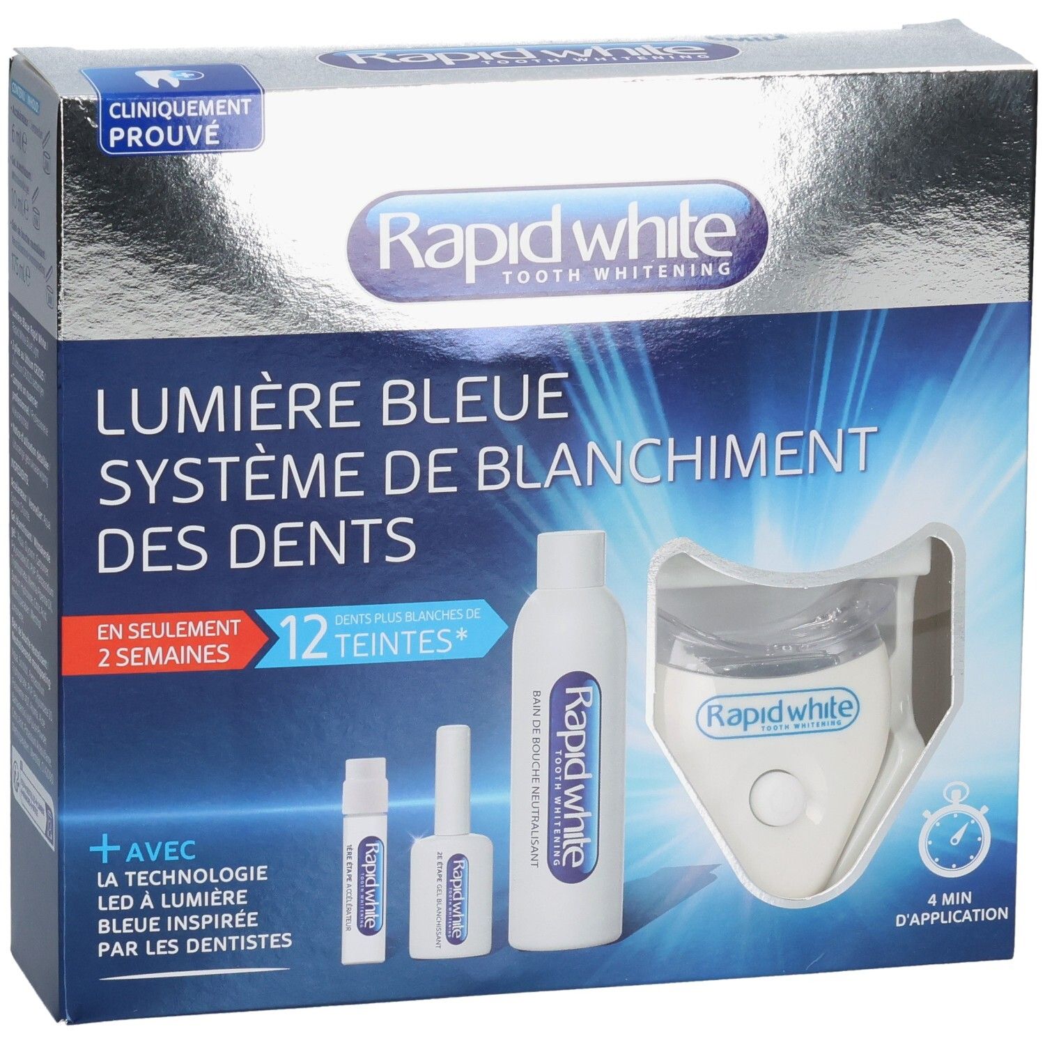 Kit de blanchiment dentaire Rapid White avec technologie lumière bleue LED, incluant un embout buccal et des gels.
