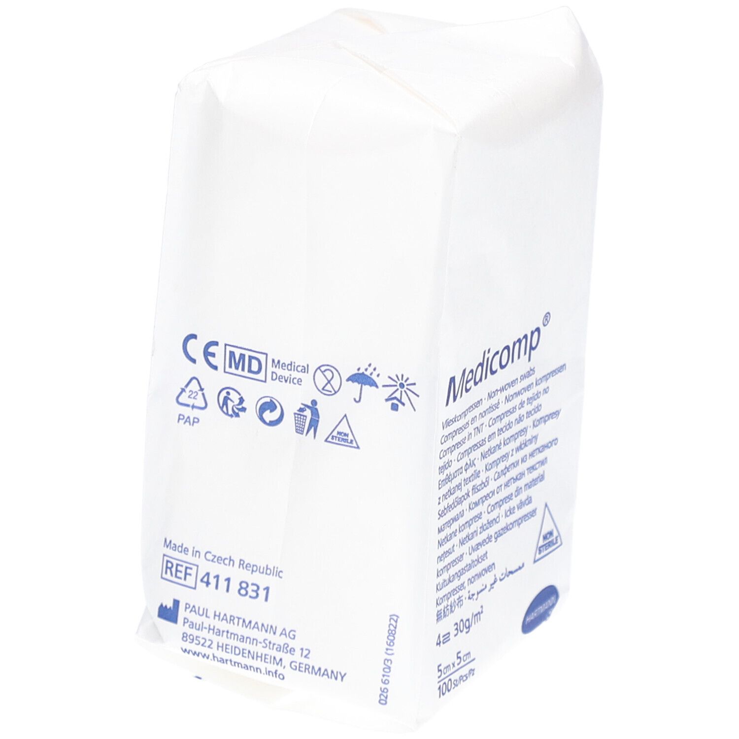 Dos de l'emballage Medicomp®. Marquage dispositif médical. Fabriqué en République tchèque. Paul Hartmann AG. Numéro de référence.