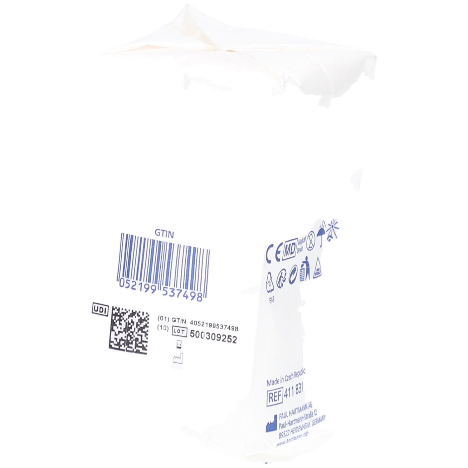 Emballage avec code-barres et code UDI. Marquages de dispositif médical. Informations de fabrication et numéro de lot.