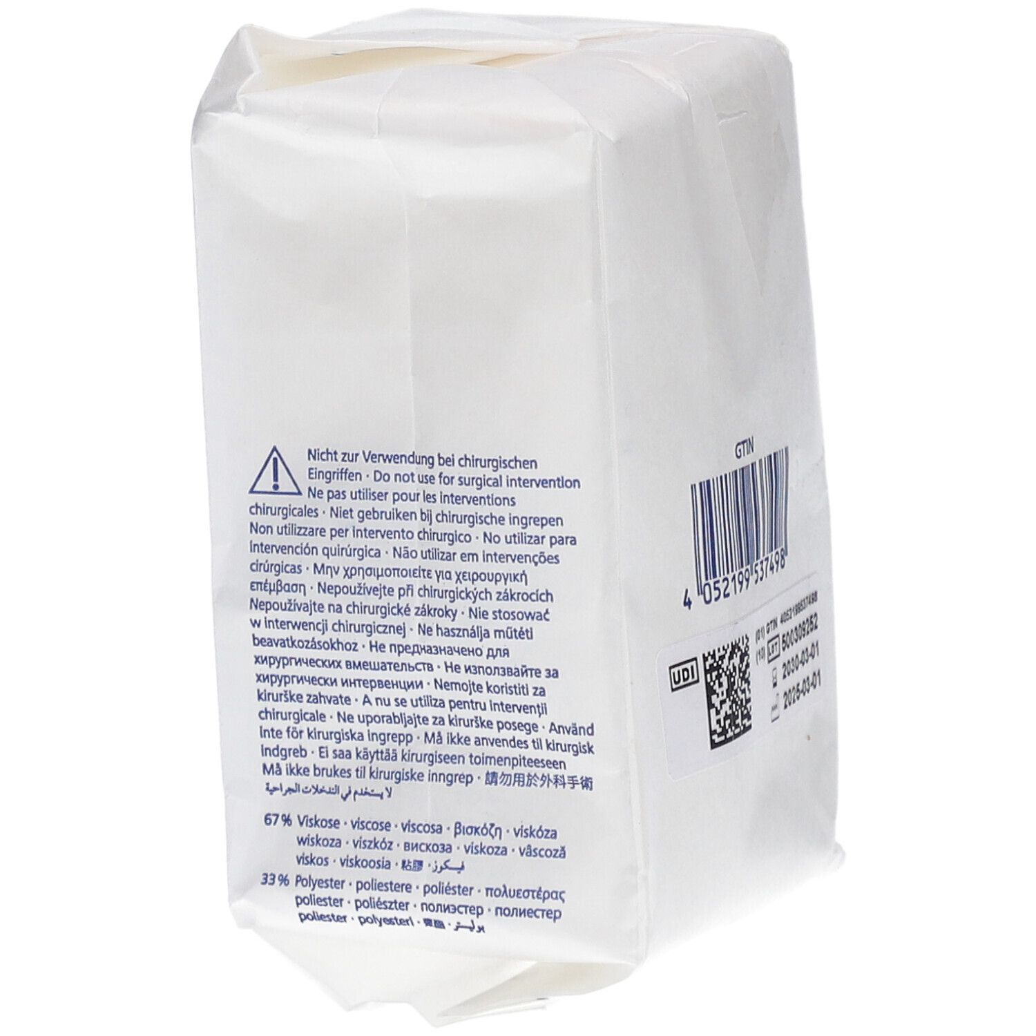 Dos de l'emballage avec avertissements. Composition: 67% viscose, 33% polyester. Code-barres et code UDI.