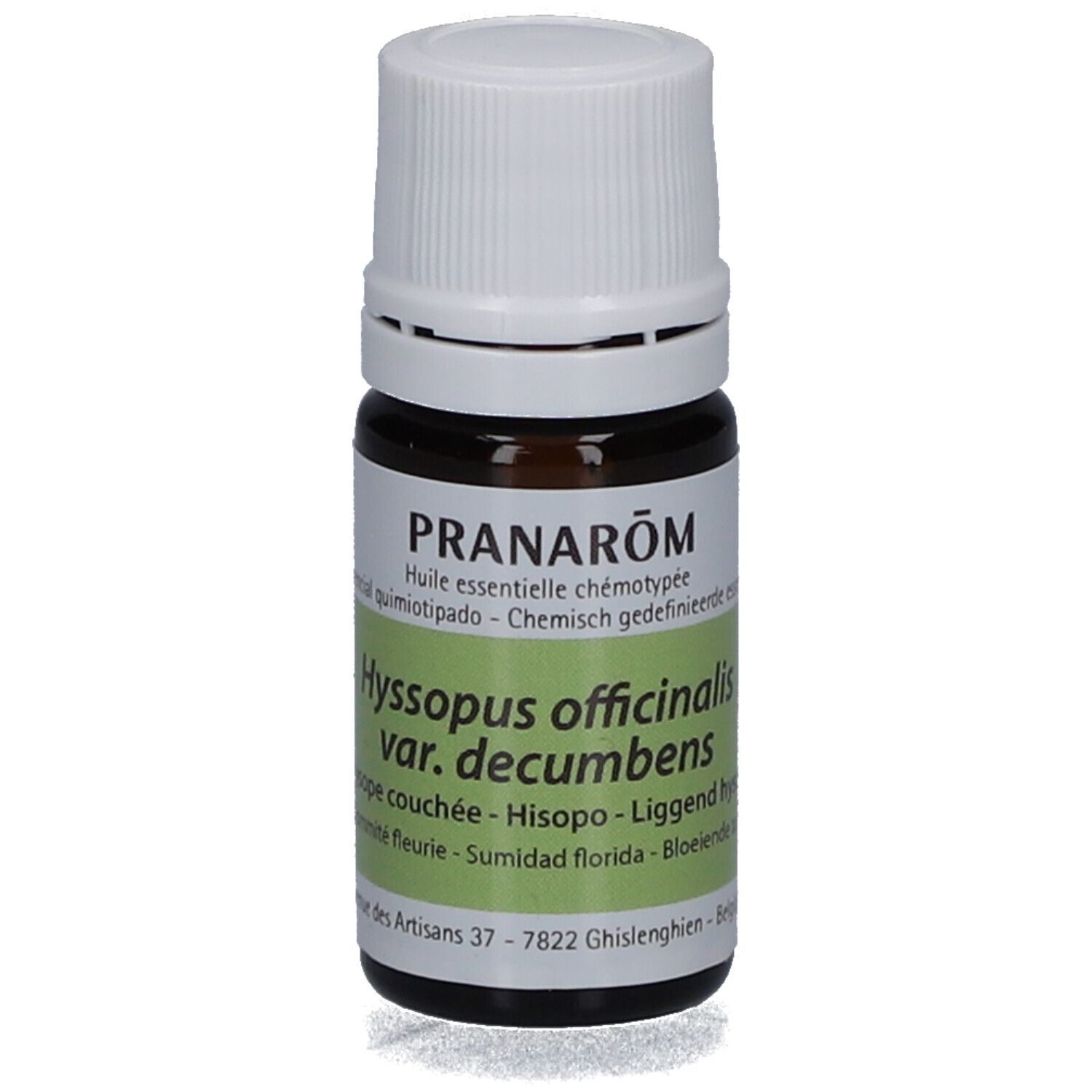 Flacon en verre brun avec bouchon blanc. Étiquette avec nom du produit et informations botaniques. Marque PRANAROM.