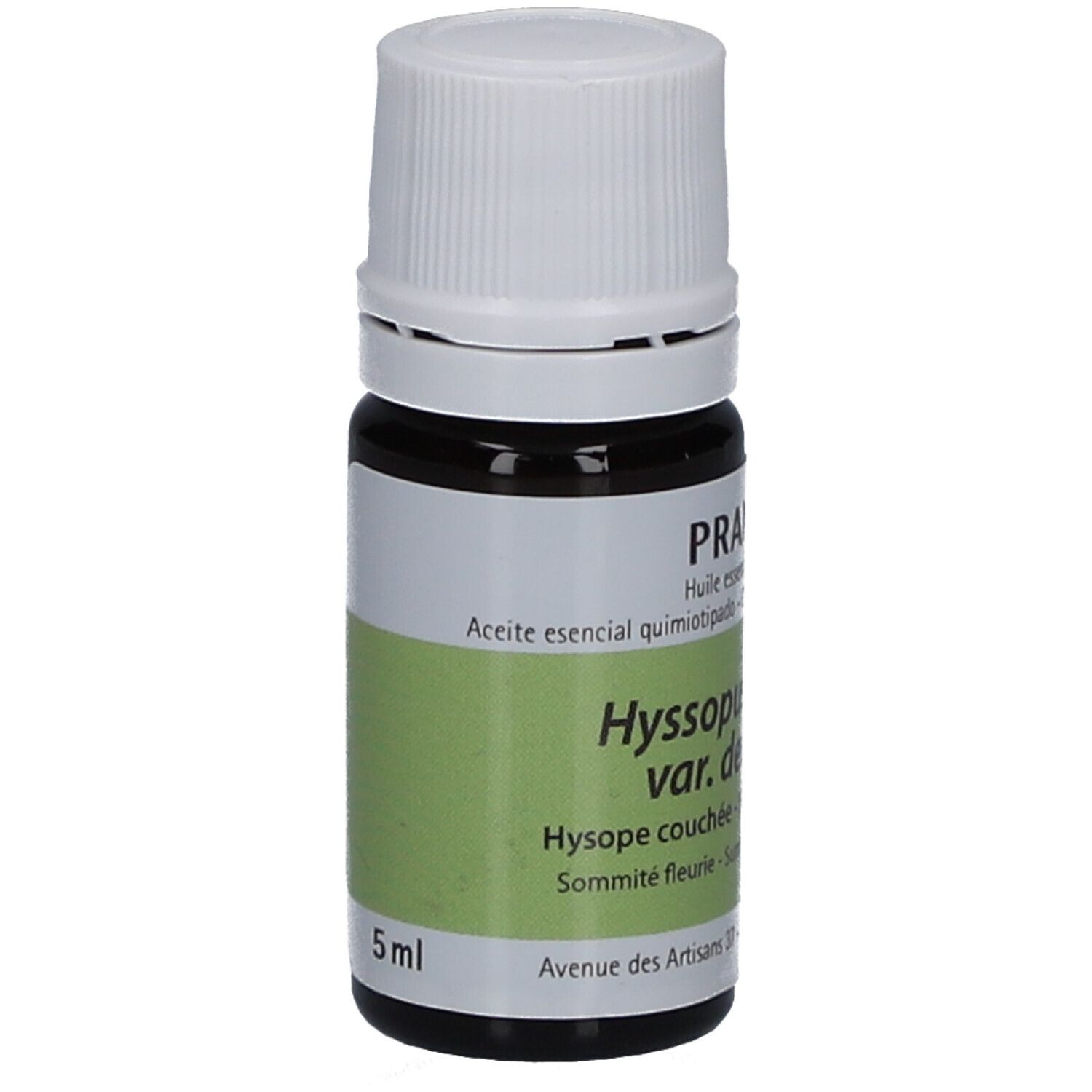 Flacon en verre brun avec bouchon blanc. Étiquette avec nom du produit et indication de volume 5 ml. Marque PRANAROM.
