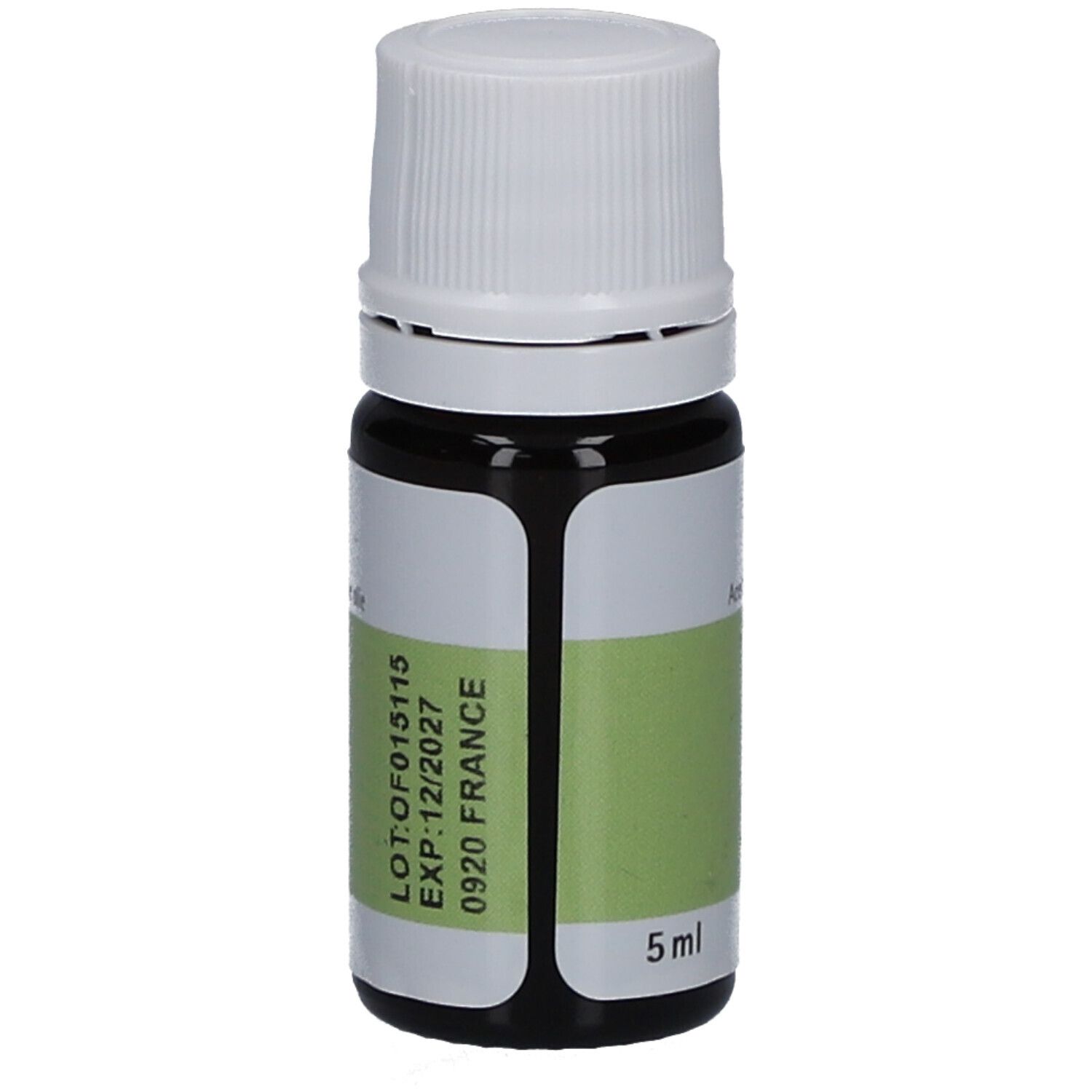 Flacon en verre brun avec bouchon blanc. Étiquette avec numéro de lot, date d'expiration et origine. Texte: 5ml.