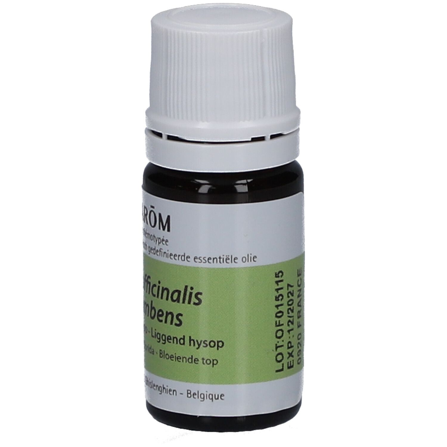 Flacon en verre brun avec bouchon blanc. Étiquette avec nom du produit, numéro de lot et date de péremption. Marque PRANAROM.