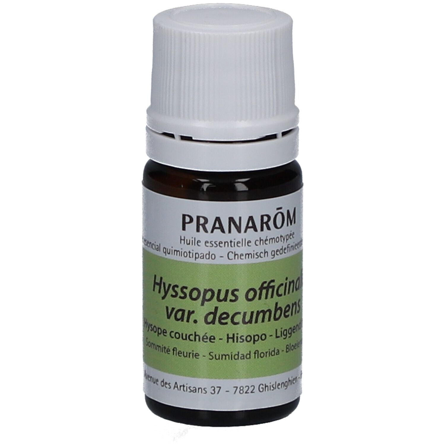 Flacon en verre brun avec bouchon blanc. Étiquette avec informations produit et marque PRANAROM. Texte: Hyssopus officinalis var. decumbens.